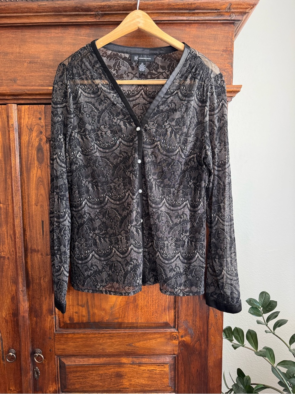 INC International Concepts Sheer Black Lace Print Top